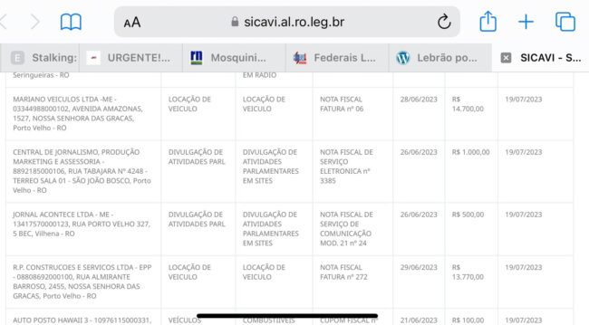 Confira as duas notas fiscais de locação de veículos que aparecem no Portal Transparência